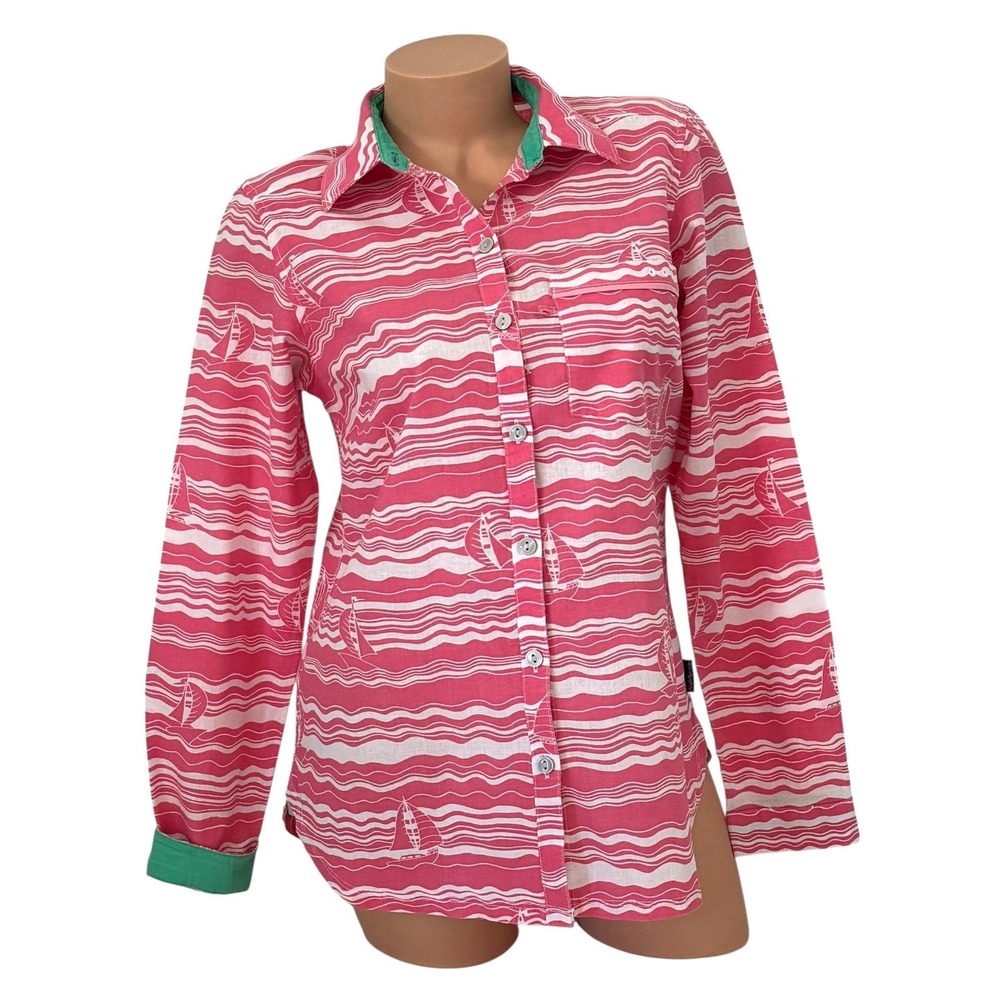 Columbia PFG Women's Small Pink Sailboat Wave Print Linen Button Down Shirt